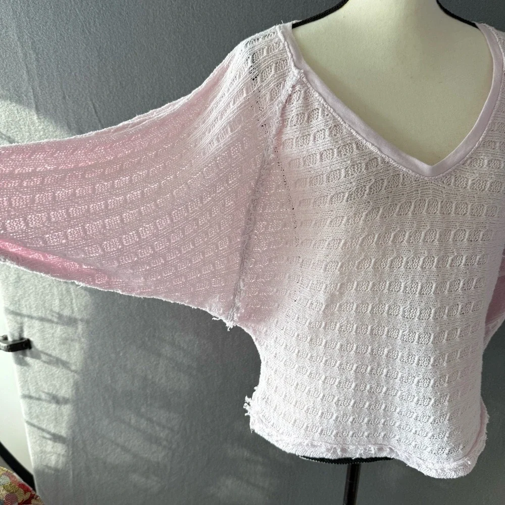 We The Free Free People Pink Waffle Knit Dolman Sweater Raw Hem Boho Extra Small